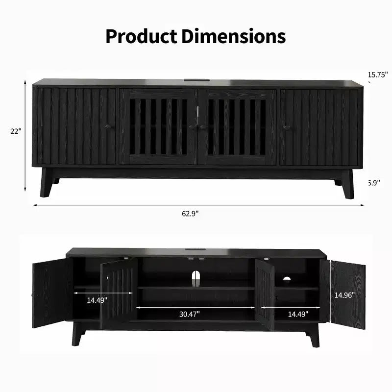 Meuble TV Meuble de Divertissement avec Prises de Courant, Meubles de Rangement à 4 Portes, Table Console Média 62,9" pour Téléviseurs de 43 à 70 Pouces, Étagères Réglables