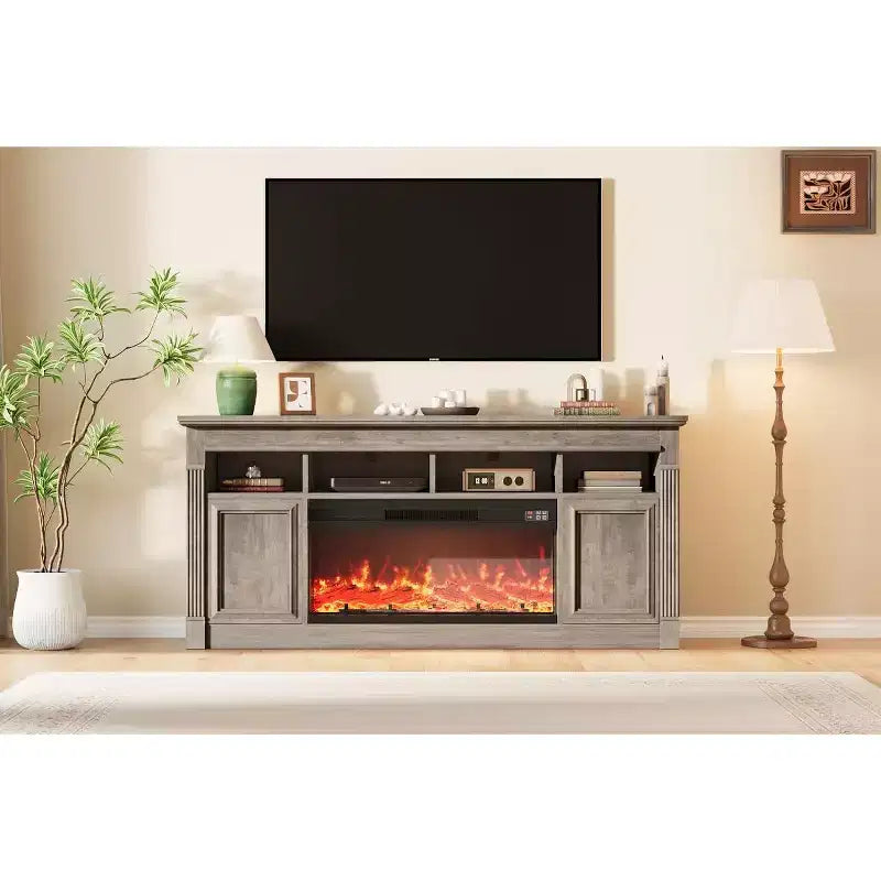 Meuble TV de cheminée avec cheminée électrique télécommandée de 36 pouces, meuble de divertissement rustique en bois de 68 pouces, armoires de rangement pour téléviseurs jusqu'à 80 pouces