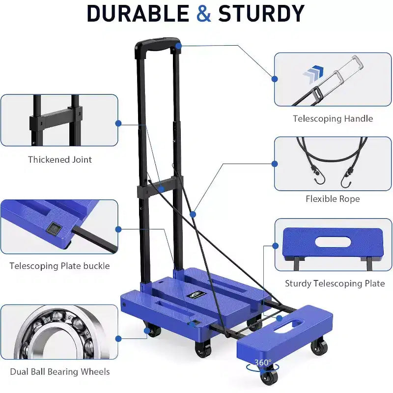 Chariot à main pliable ALUCSET, diable de bagages robuste de 227 kg, chariot utilitaire pliable et portable avec 2 cordons élastiques pour les voyages, les déménagements, le bureau et la maison