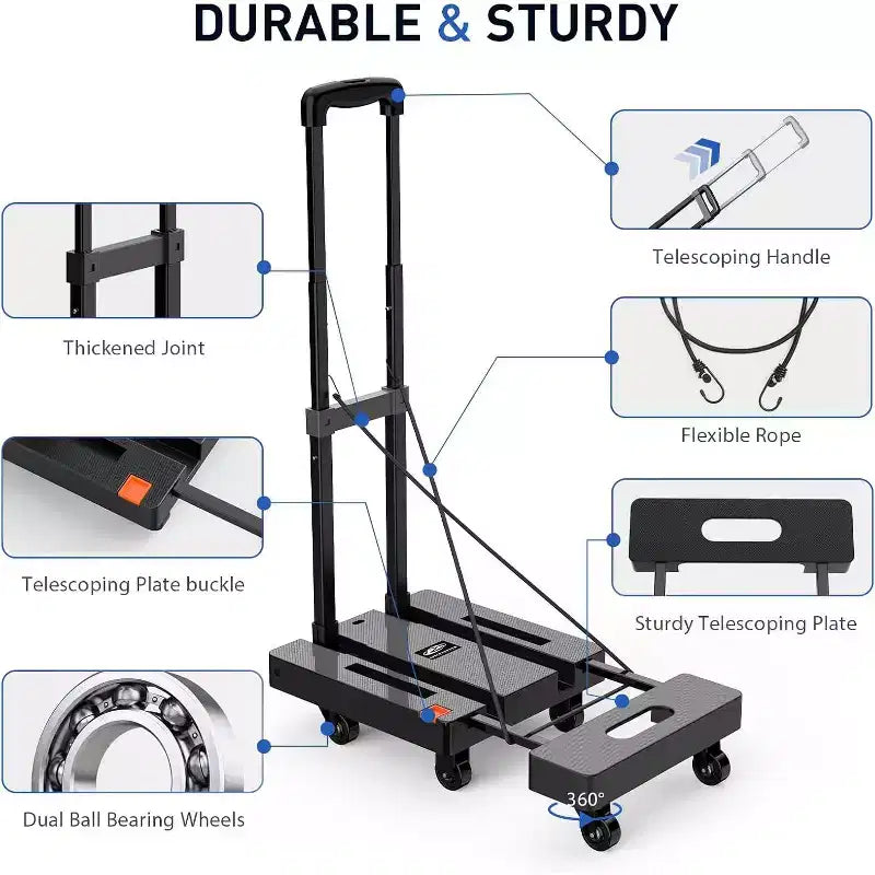 Chariot à main pliable ALUCSET, diable de bagages robuste de 227 kg, chariot utilitaire pliable et portable avec 2 cordons élastiques pour les voyages, les déménagements, le bureau et la maison