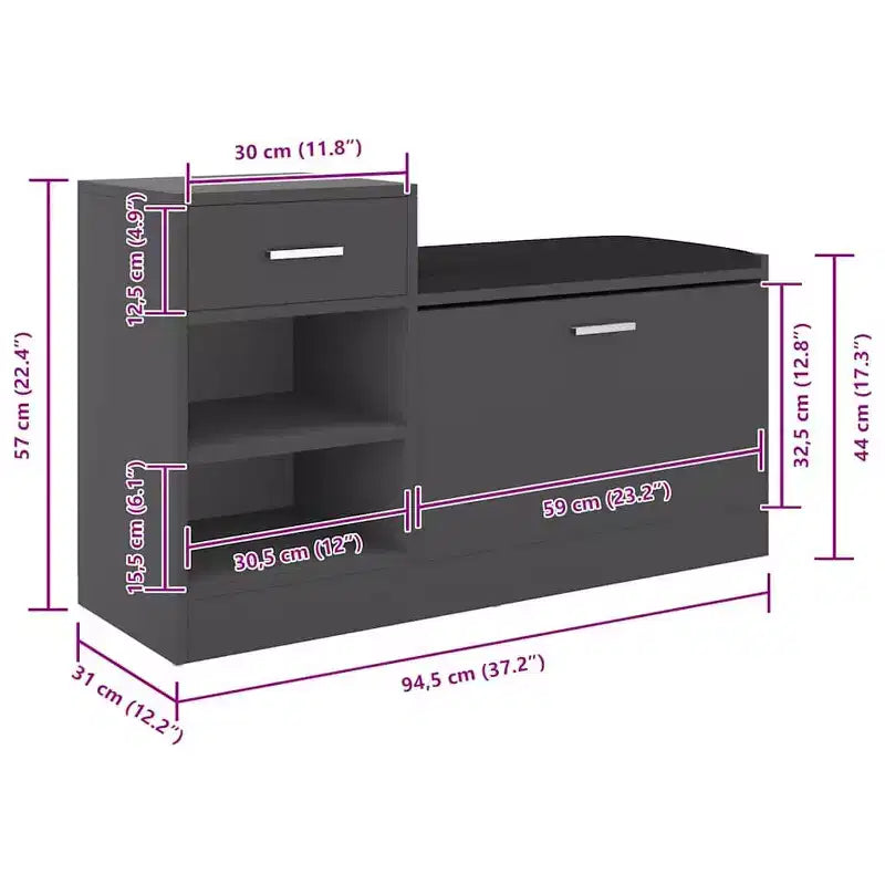 vidaXL Banc à chaussures gris, bois d'ingénierie, MDF, similicuir, mousse Taille moyenne