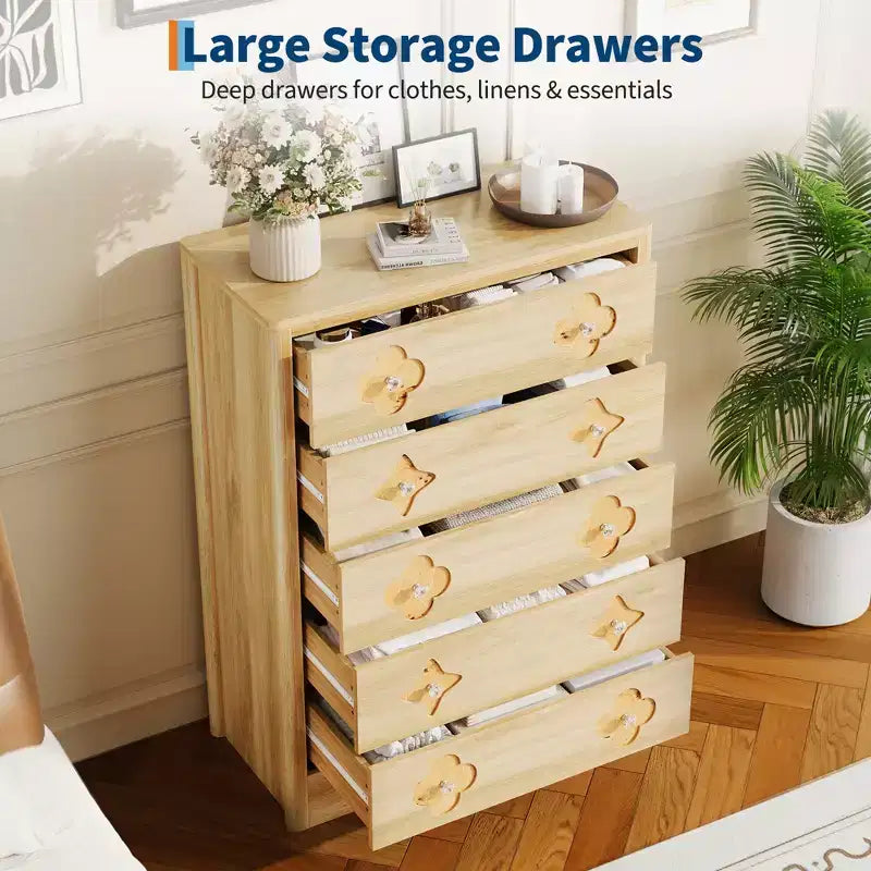 Boho Rattan Fluted Dresser, 5 Drawer Tall Wooden Storage Cabinet for Bedroom, Closet, Nursery, Living Room, Natural Finish