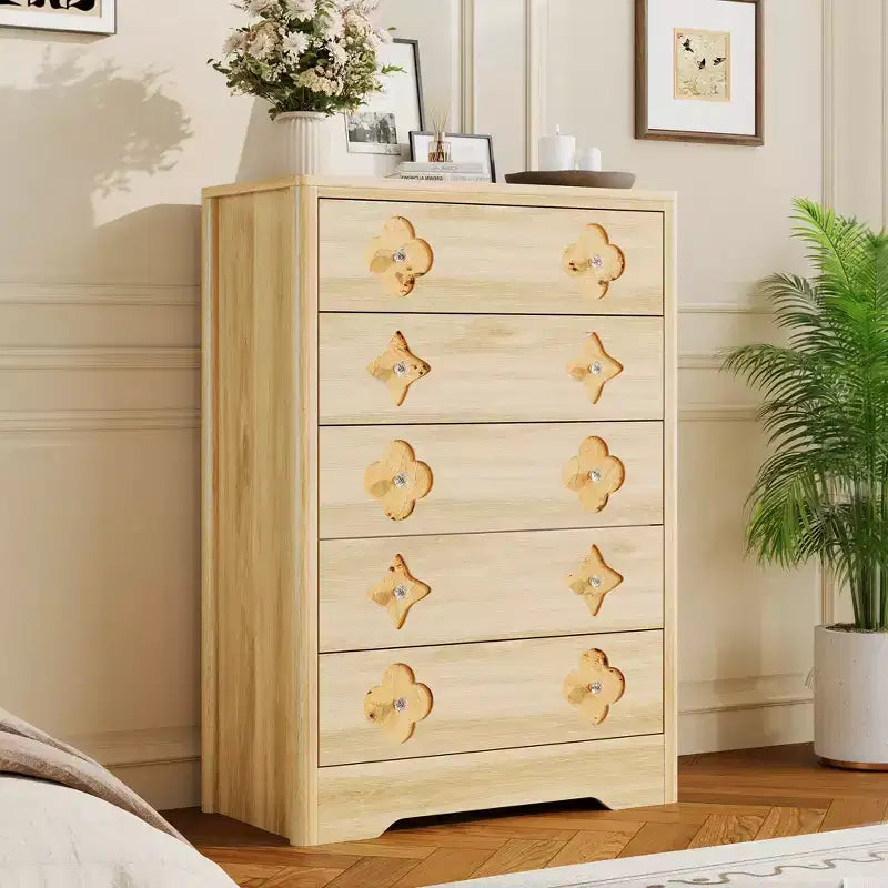 Commode haute Boho en rotin, 5 tiroirs, en bois, pour chambre à coucher, placard, chambre d'enfant, salon, finition naturelle