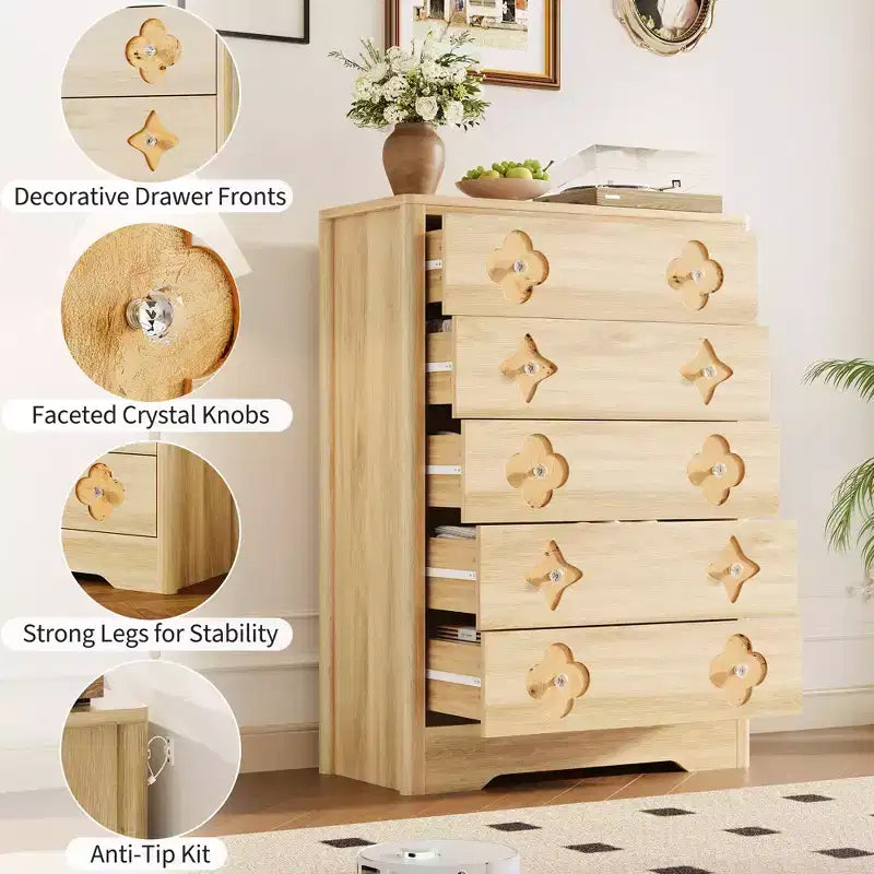 Commode haute Boho en rotin, 5 tiroirs, en bois, pour chambre à coucher, placard, chambre d'enfant, salon, finition naturelle
