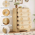 Commode haute Boho en rotin, 5 tiroirs, en bois, pour chambre à coucher, placard, chambre d'enfant, salon, finition naturelle