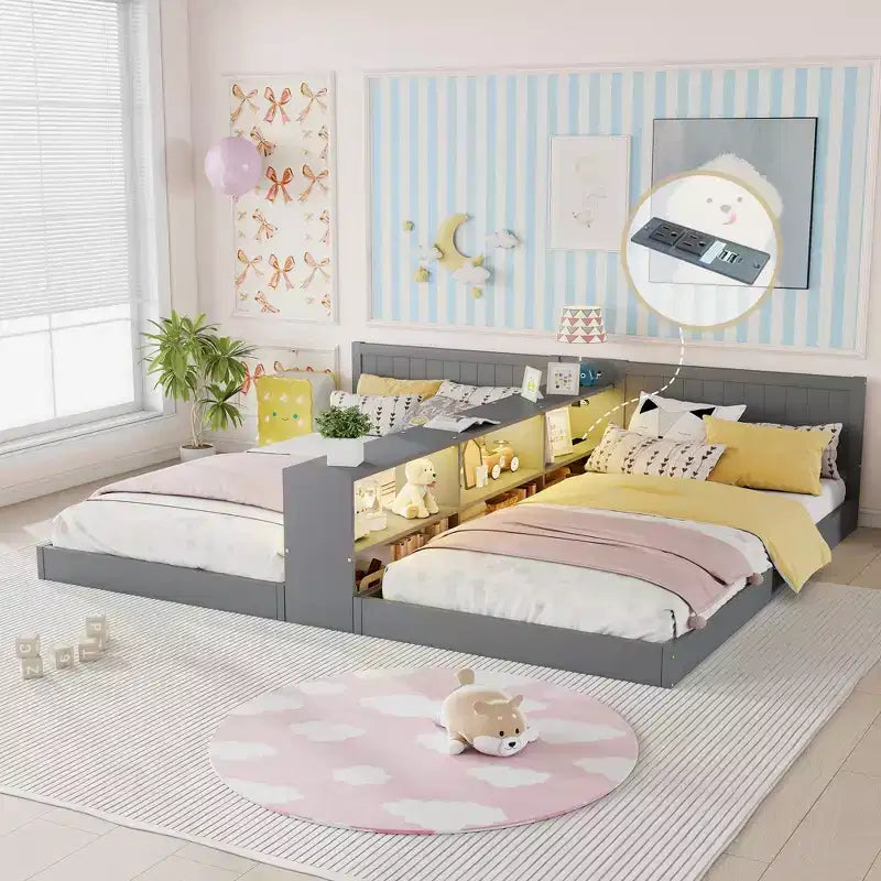 ModernLuxe Lit Double Superposé avec Rangement, Lumières LED et Station de Recharge, Convertible en 2 Lits Jumeaux pour Enfants