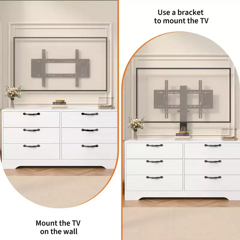 Meuble TV avec support et 6 tiroirs, Centre de divertissement réglable pour téléviseurs jusqu'à 75 pouces, Table console média en bois pour salon et chambre, Noir