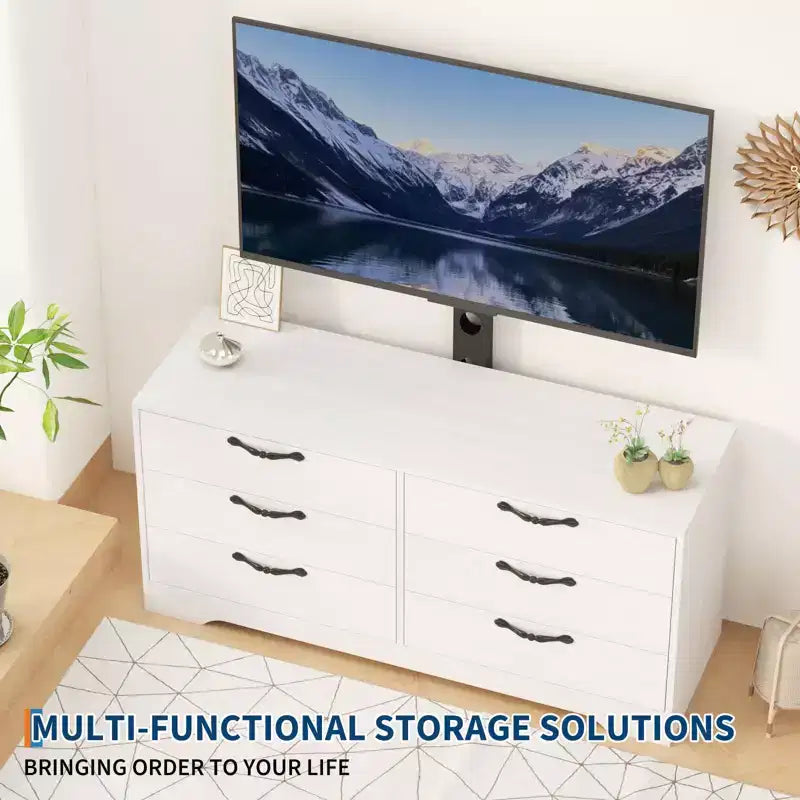 Meuble TV avec support et 6 tiroirs, Centre de divertissement réglable pour téléviseurs jusqu'à 75 pouces, Table console média en bois pour salon et chambre, Noir