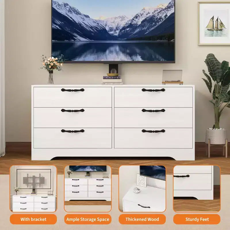 Meuble TV avec support et 6 tiroirs, Centre de divertissement réglable pour téléviseurs jusqu'à 75 pouces, Table console média en bois pour salon et chambre, Noir