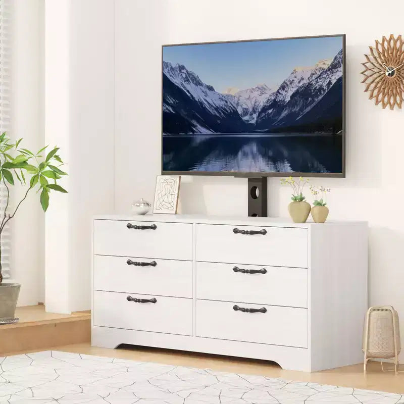Meuble TV avec support et 6 tiroirs, Centre de divertissement réglable pour téléviseurs jusqu'à 75 pouces, Table console média en bois pour salon et chambre, Noir