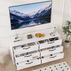 Meuble TV avec support et 6 tiroirs, Centre de divertissement réglable pour téléviseurs jusqu'à 75 pouces, Table console média en bois pour salon et chambre, Noir