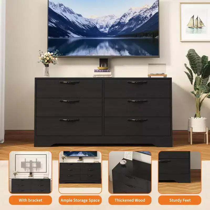 Meuble TV avec support et 6 tiroirs, Centre de divertissement réglable pour téléviseurs jusqu'à 75 pouces, Table console média en bois pour salon et chambre, Noir