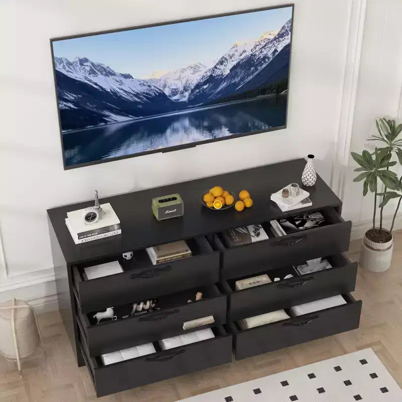 Meuble TV avec support et 6 tiroirs, Centre de divertissement réglable pour téléviseurs jusqu'à 75 pouces, Table console média en bois pour salon et chambre, Noir