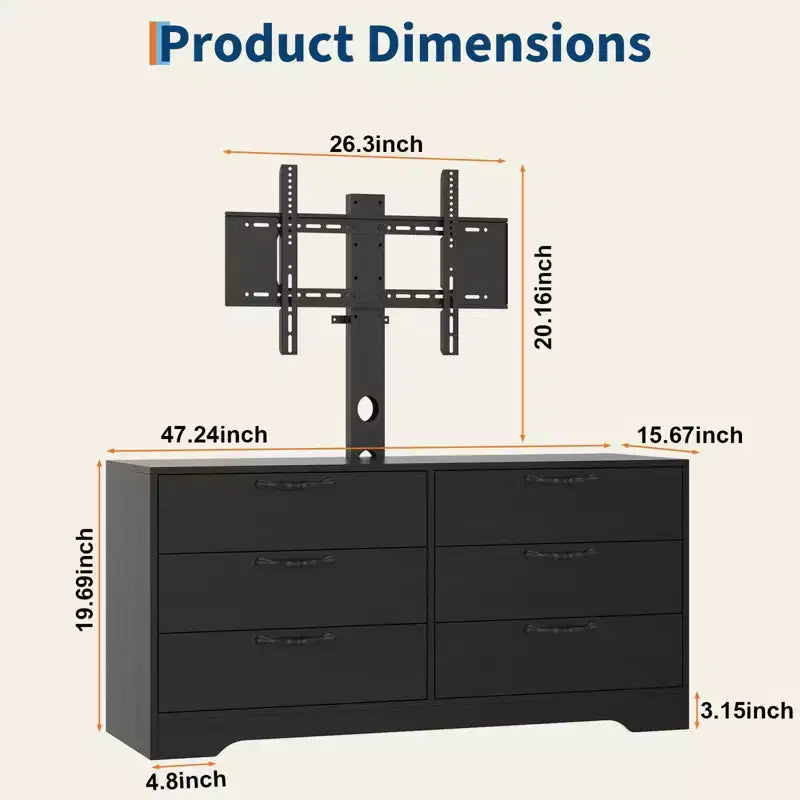 Meuble TV avec support et 6 tiroirs, Centre de divertissement réglable pour téléviseurs jusqu'à 75 pouces, Table console média en bois pour salon et chambre, Noir