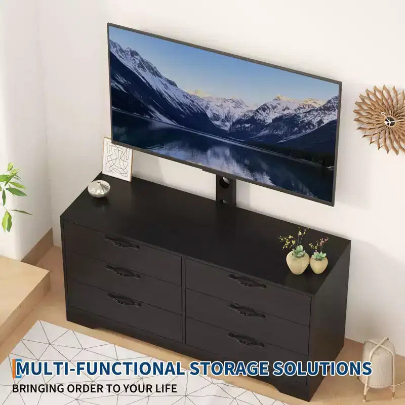 Meuble TV avec support et 6 tiroirs, Centre de divertissement réglable pour téléviseurs jusqu'à 75 pouces, Table console média en bois pour salon et chambre, Noir