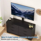 Meuble TV avec support et 6 tiroirs, Centre de divertissement réglable pour téléviseurs jusqu'à 75 pouces, Table console média en bois pour salon et chambre, Noir