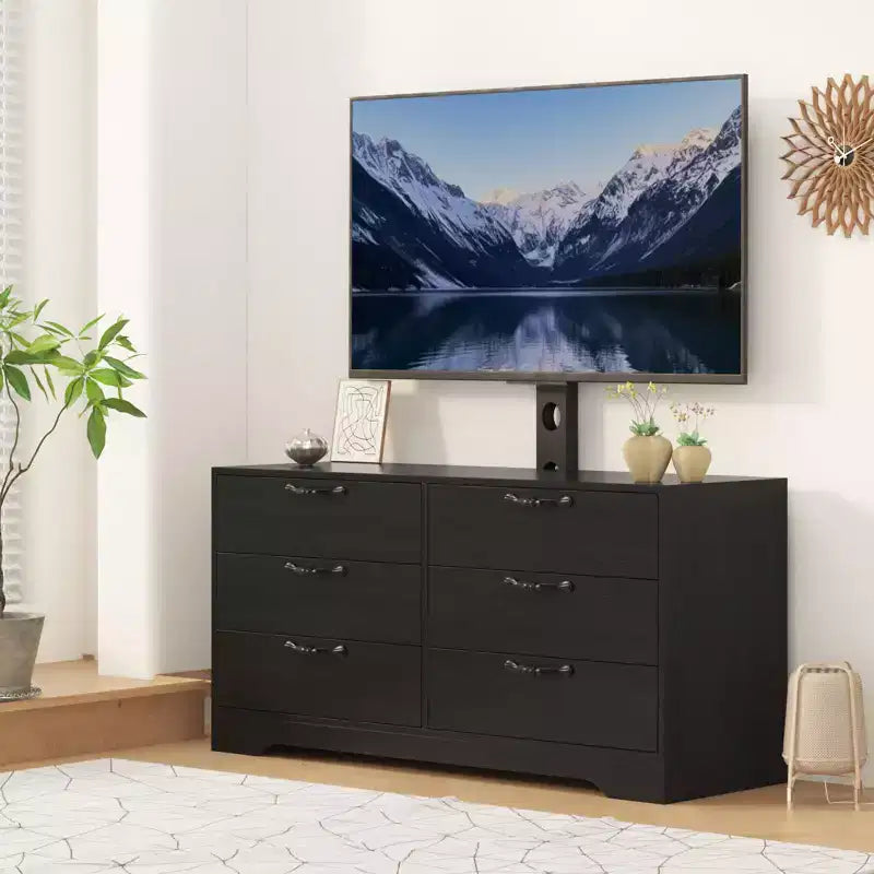 Meuble TV avec support et 6 tiroirs, Centre de divertissement réglable pour téléviseurs jusqu'à 75 pouces, Table console média en bois pour salon et chambre, Noir