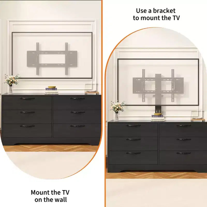 Meuble TV avec support et 6 tiroirs, Centre de divertissement réglable pour téléviseurs jusqu'à 75 pouces, Table console média en bois pour salon et chambre, Noir