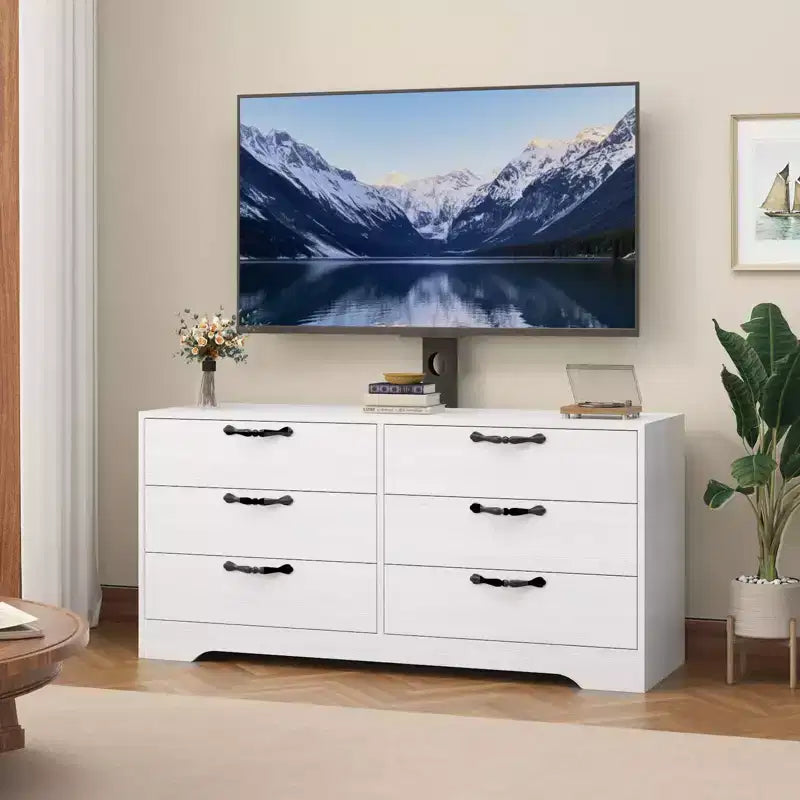 Meuble TV avec support et 6 tiroirs, Centre de divertissement réglable pour téléviseurs jusqu'à 75 pouces, Table console média en bois pour salon et chambre, Noir