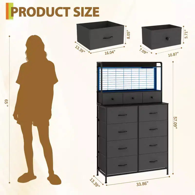 Commode en tissu à 11 tiroirs avec station de charge intégrée, tour de rangement industrielle pour chambre à coucher et salon