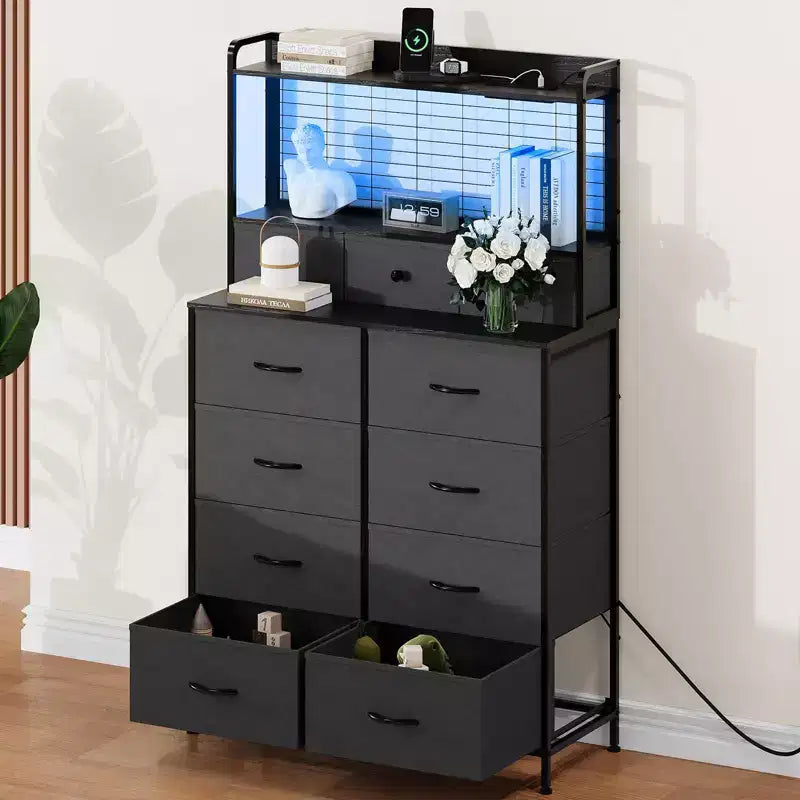Commode en tissu à 11 tiroirs avec station de charge intégrée, tour de rangement industrielle pour chambre à coucher et salon