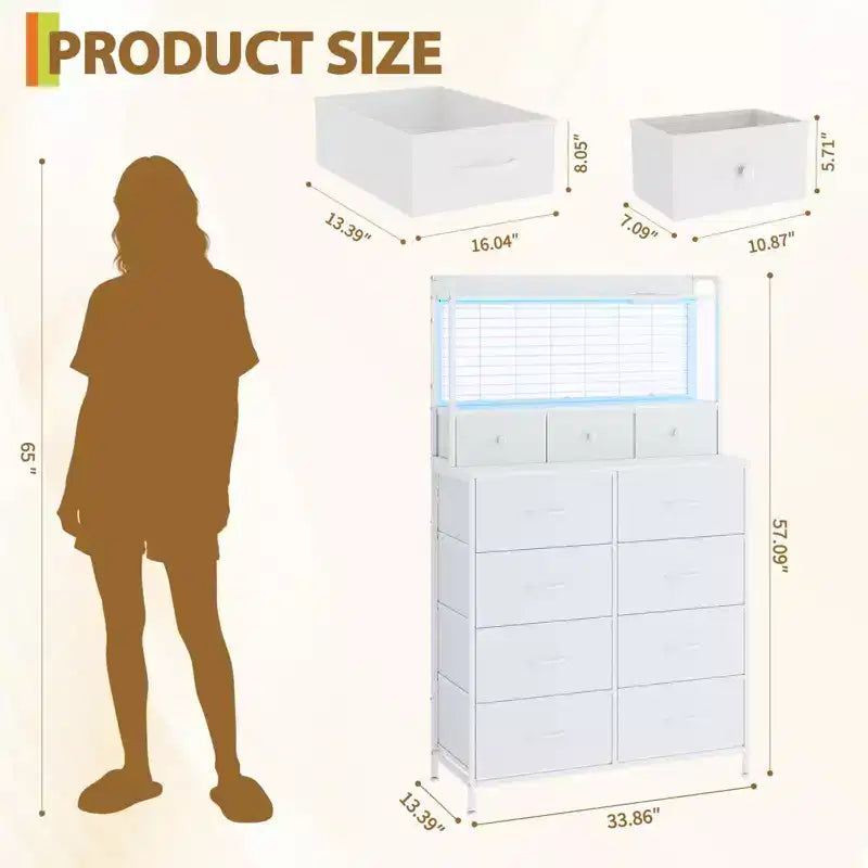 Commode en tissu à 11 tiroirs avec station de charge intégrée, tour de rangement industrielle pour chambre à coucher et salon
