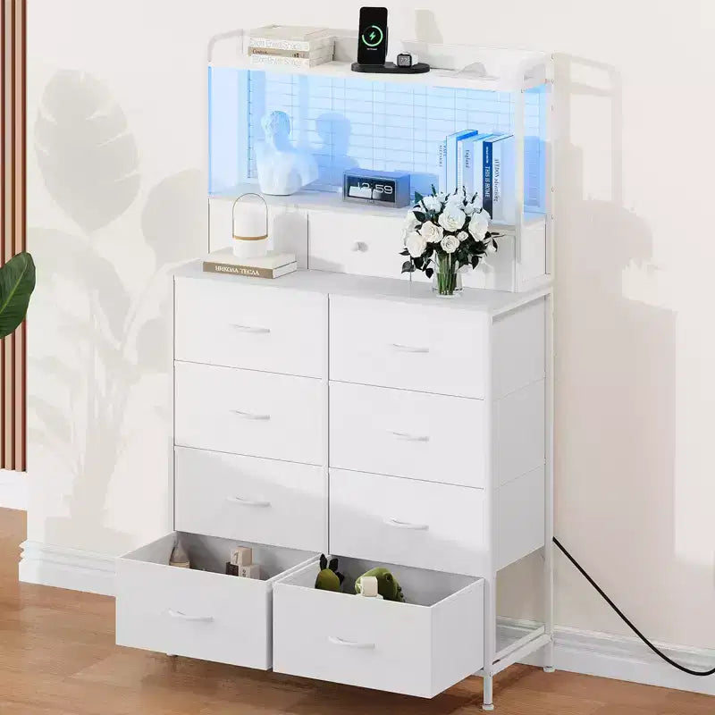 Commode en tissu à 11 tiroirs avec station de charge intégrée, tour de rangement industrielle pour chambre à coucher et salon