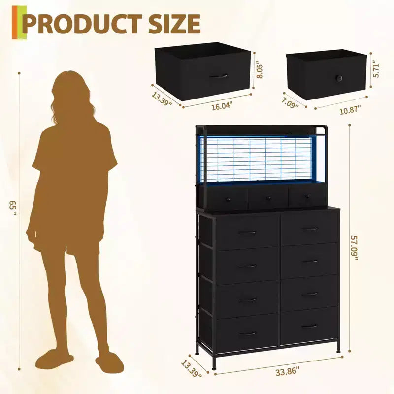 Commode en tissu à 11 tiroirs avec station de charge intégrée, tour de rangement industrielle pour chambre à coucher et salon