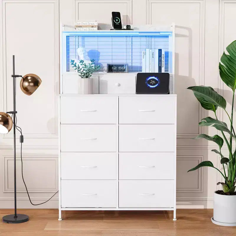 Commode en tissu à 11 tiroirs avec station de charge intégrée, tour de rangement industrielle pour chambre à coucher et salon