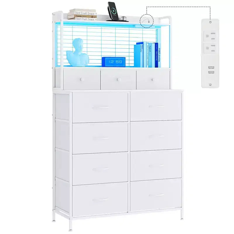 Commode en tissu à 11 tiroirs avec station de charge intégrée, tour de rangement industrielle pour chambre à coucher et salon