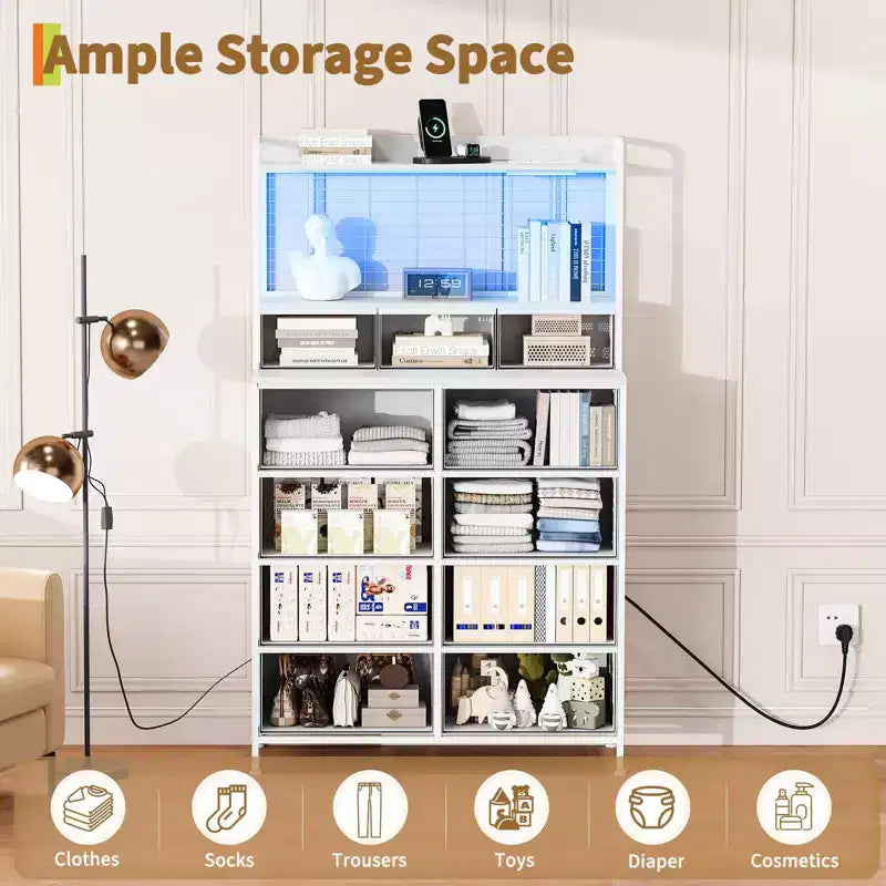 Commode en tissu à 11 tiroirs avec station de charge intégrée, tour de rangement industrielle pour chambre à coucher et salon