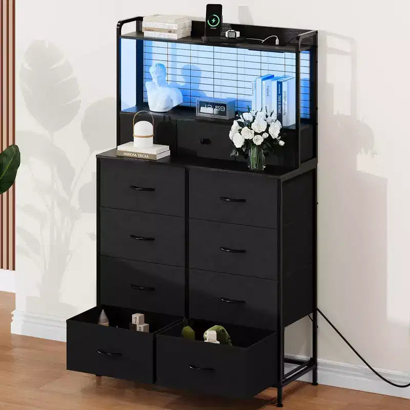Commode en tissu à 11 tiroirs avec station de charge intégrée, tour de rangement industrielle pour chambre à coucher et salon