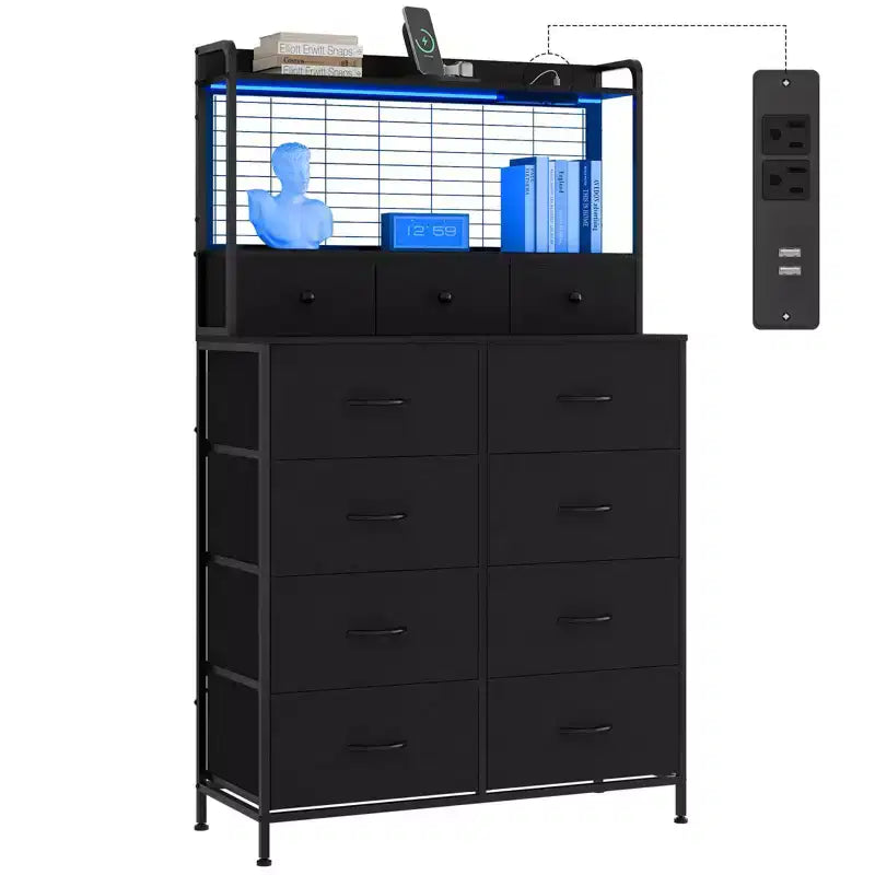 Commode en tissu à 11 tiroirs avec station de charge intégrée, tour de rangement industrielle pour chambre à coucher et salon