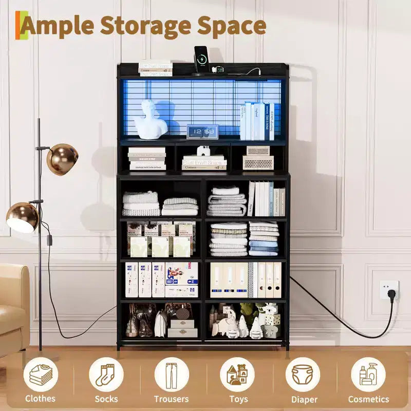 Commode en tissu à 11 tiroirs avec station de charge intégrée, tour de rangement industrielle pour chambre à coucher et salon