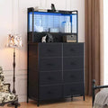 11 Drawer Fabric Dresser with Built-in Charging Station, Industrial Storage Organizer Tower for Bedroom and Living Room
