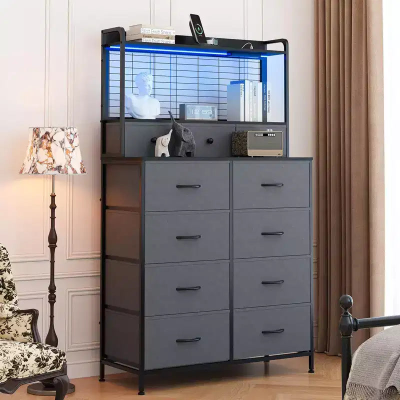 Commode en tissu à 11 tiroirs avec station de charge intégrée, tour de rangement industrielle pour chambre à coucher et salon