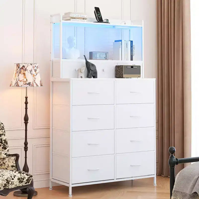 Commode en tissu à 11 tiroirs avec station de charge intégrée, tour de rangement industrielle pour chambre à coucher et salon