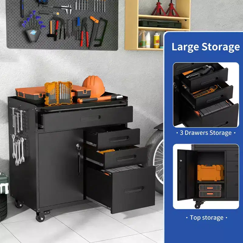Armoire de rangement à outils verrouillable mobile de 34,3 po, organisateur de garage avec 4 tiroirs, coffre en acier roulant
