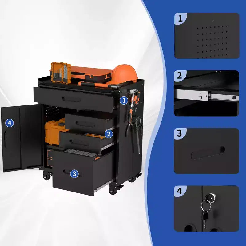 Armoire de rangement à outils verrouillable mobile de 34,3 po, organisateur de garage avec 4 tiroirs, coffre en acier roulant