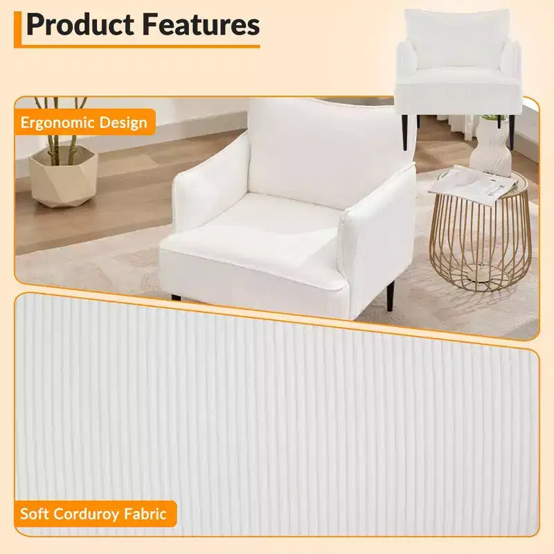 Fauteuil d'appoint moderne en velours côtelé, accoudoirs rembourrés, fauteuil compact tapissé avec pieds en métal, capacité de 136 kg pour salon ou chambre à coucher