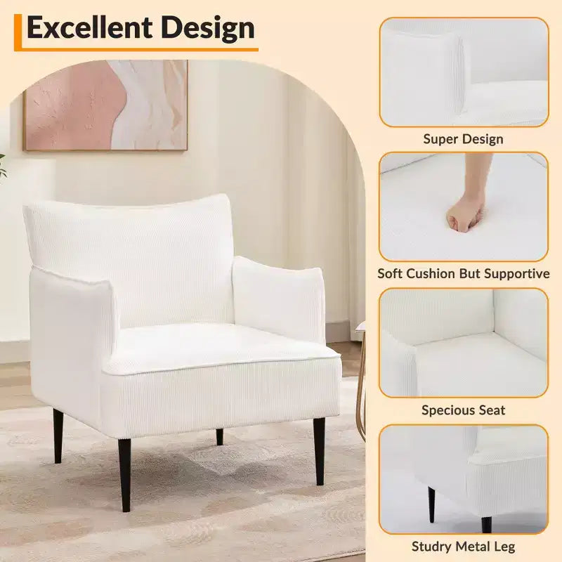 Fauteuil d'appoint moderne en velours côtelé, accoudoirs rembourrés, fauteuil compact tapissé avec pieds en métal, capacité de 136 kg pour salon ou chambre à coucher