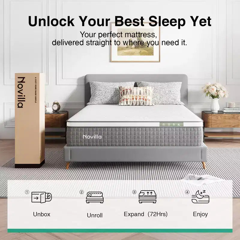 Matelas hybride en mousse à mémoire de forme et gel rafraîchissant Novilla 10/12/14 pouces, en boîte, fermeté moyenne pour soulager la pression