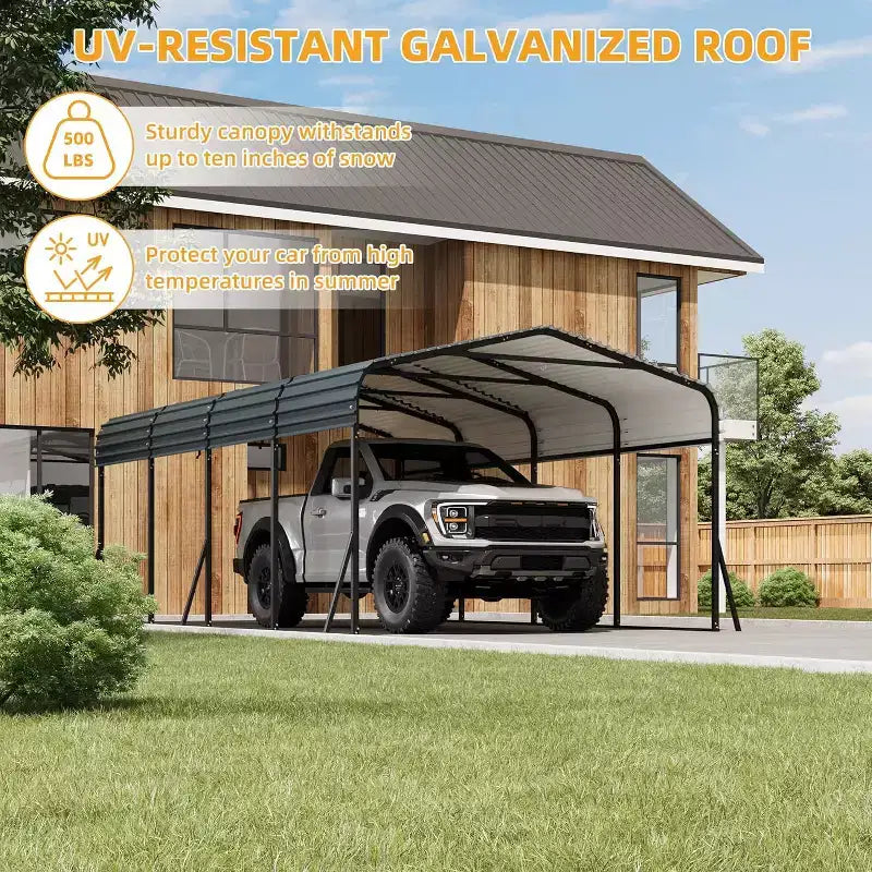 LinTimes Abri de voiture 3,6 x 6 m avec cadre en acier robuste et toit en fer allié, abri extérieur résistant au vent pour véhicule, camion et équipement, gris