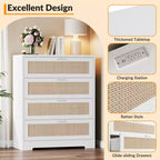 Commode 4 tiroirs en rotin pour chambre à coucher, commode haute en bois moderne avec prises de courant, organiseur de tiroirs pour chambre à coucher, placard, salon