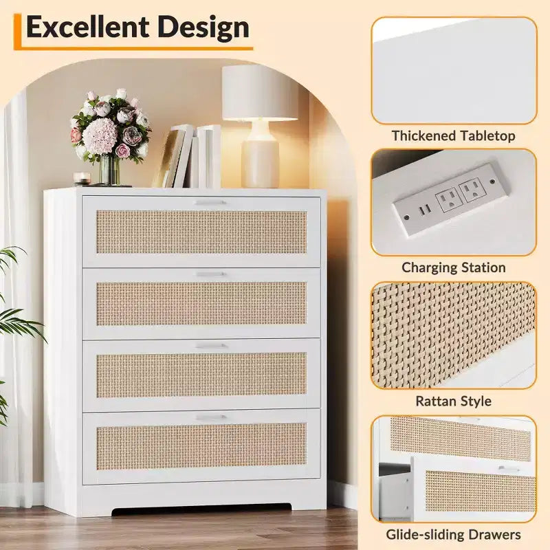 Commode 4 tiroirs en rotin pour chambre à coucher, commode haute en bois moderne avec prises de courant, organiseur de tiroirs pour chambre à coucher, placard, salon