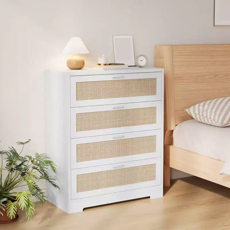 Commode 4 tiroirs en rotin pour chambre à coucher, commode haute en bois moderne avec prises de courant, organiseur de tiroirs pour chambre à coucher, placard, salon