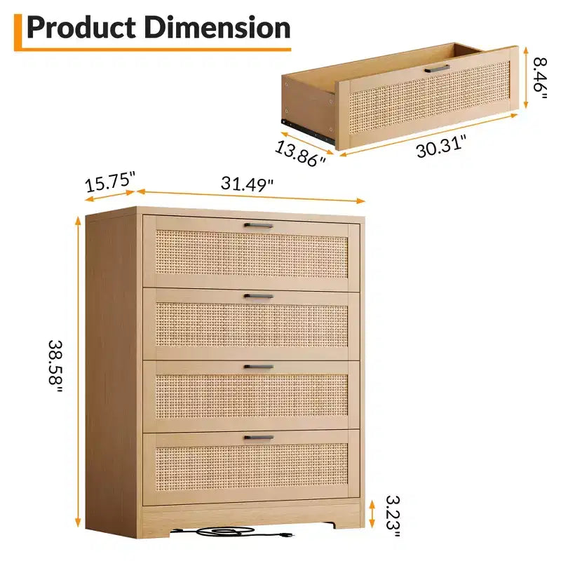 Commode 4 tiroirs en rotin pour chambre à coucher, commode haute en bois moderne avec prises de courant, organiseur de tiroirs pour chambre à coucher, placard, salon