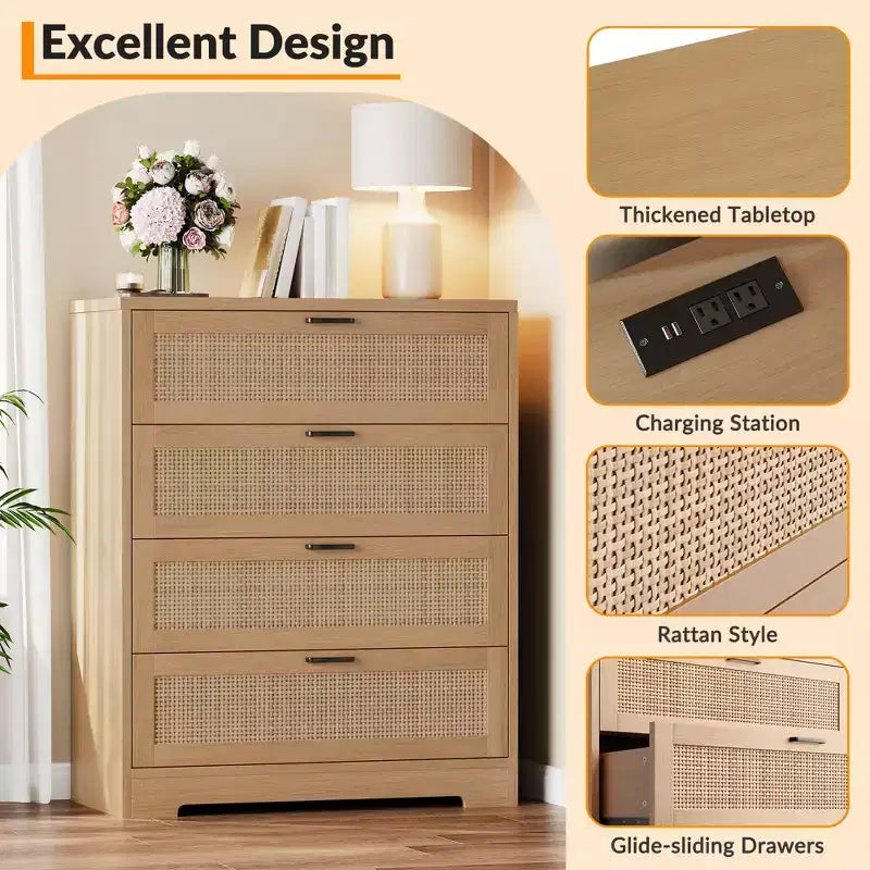 Commode 4 tiroirs en rotin pour chambre à coucher, commode haute en bois moderne avec prises de courant, organiseur de tiroirs pour chambre à coucher, placard, salon