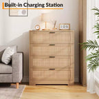 Commode 4 tiroirs en rotin pour chambre à coucher, commode haute en bois moderne avec prises de courant, organiseur de tiroirs pour chambre à coucher, placard, salon