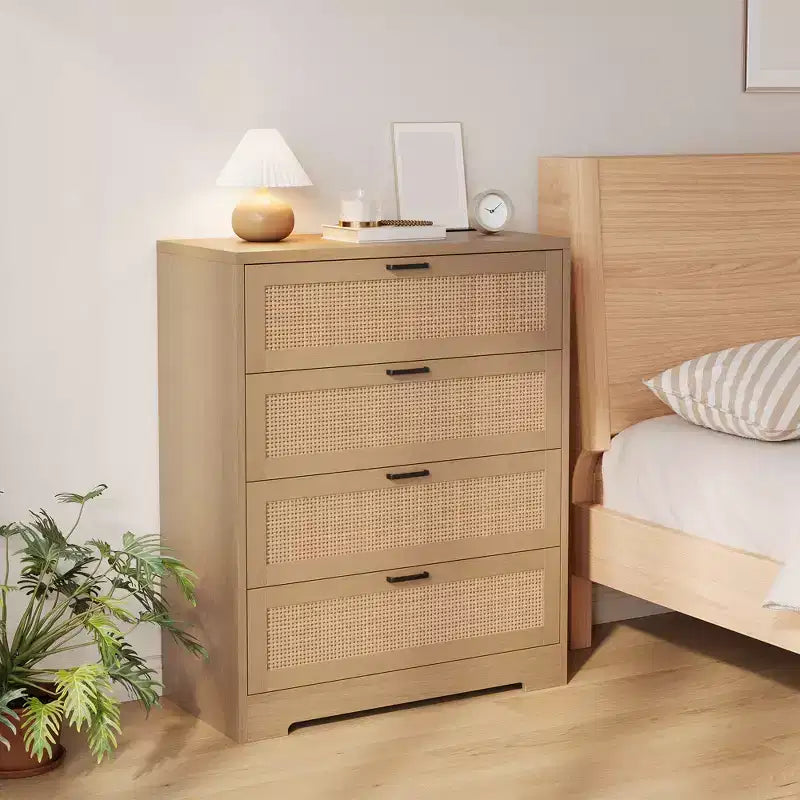 Commode 4 tiroirs en rotin pour chambre à coucher, commode haute en bois moderne avec prises de courant, organiseur de tiroirs pour chambre à coucher, placard, salon